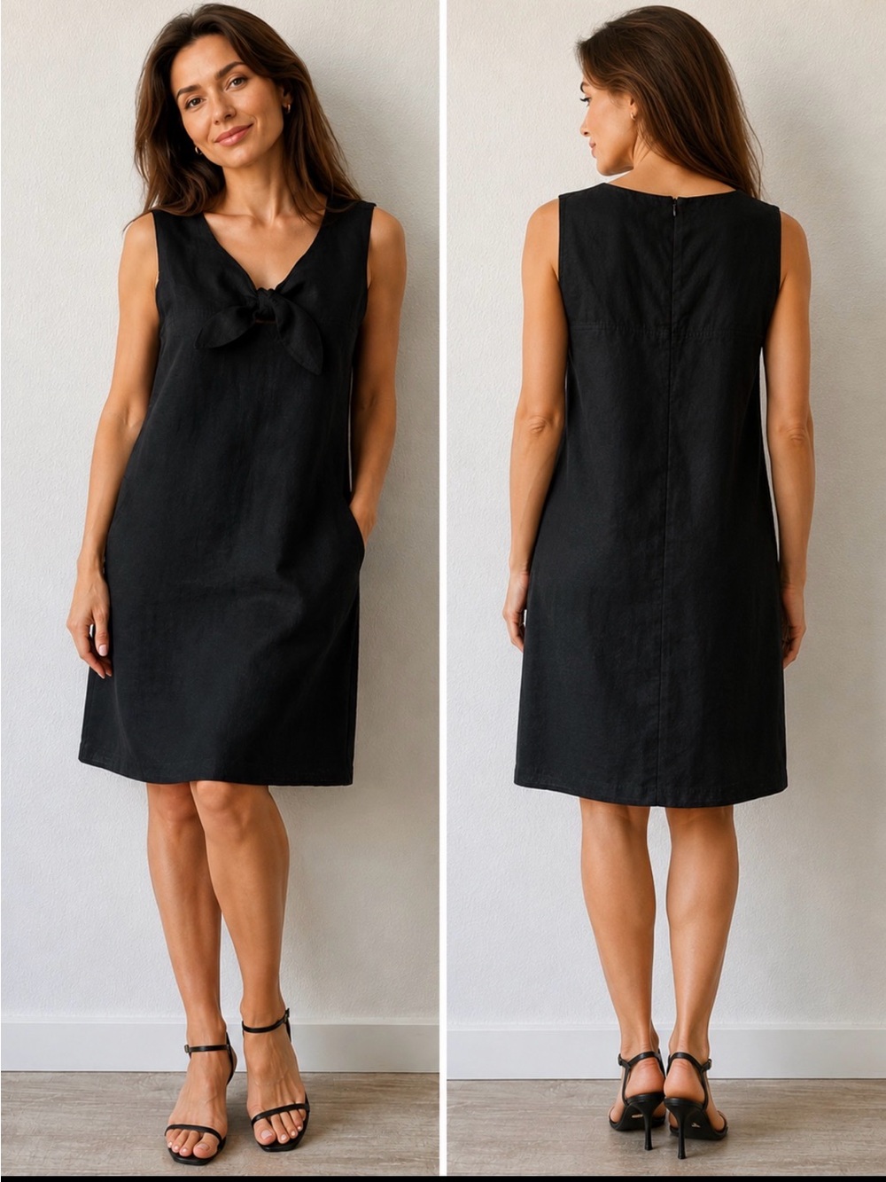 Sleeveless linen Black Tie-Front‎ Shift Dress